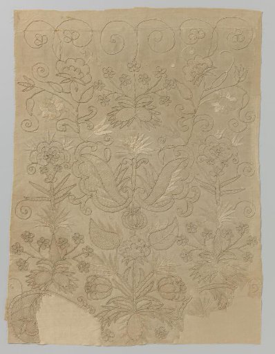 Fragment of a skirt of cream-colored silk embroidered with a three-part symmetrical pattern with pomegranates, leaves, tulips, flowers and blossom branches