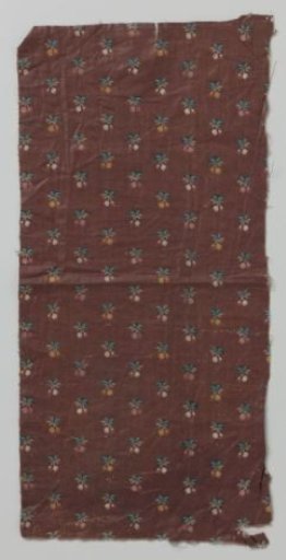 Fragment of a sateen with a pattern of scattered cherries on an aubergine ground