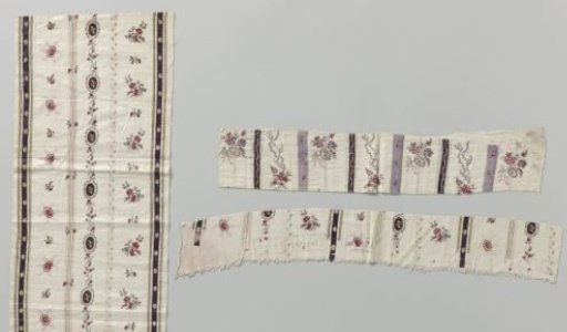 Fragments of sateen with a striped pattern on a white ground with aubergine-colored ovals, framed in vertical garlands