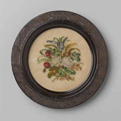 Flowerpot console with embroidery in petit-point of roses, rosebuds, and forget-me-nots