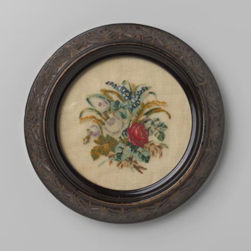 Flowerpot console with embroidery in petit-point of roses, rosebuds, and forget-me-nots