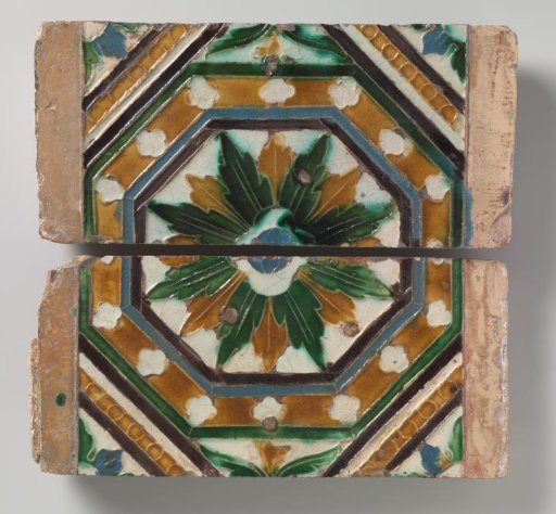 Cuenca ceiling tile, two pieces, with a central octagonal medallion with a leaf rosette