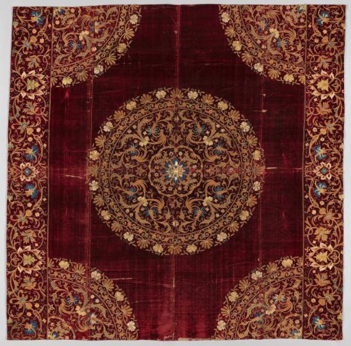 Carpet of wine-red velvet, with embroidery of gold thread and silk