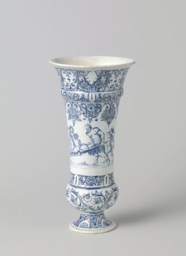Vase decorated with lambrequins, floral and leafy scrolls, and a satyr pushing a wheelbarrow with putti