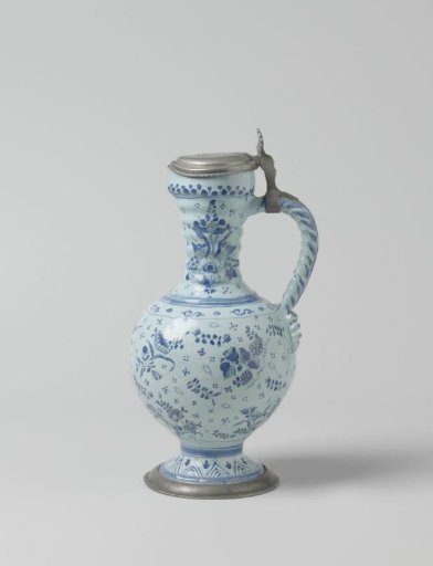 Jug with tin lid, painted with a sowing motif