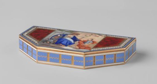 Snuffbox of gold with painted enamel decoration: on the lid Minerva and a young prince; between fields with autumn leaves on a reddish-brown ground