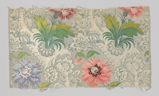 Fragment of gros de Tours with a pattern of multicolored carnations on a grey-green ground