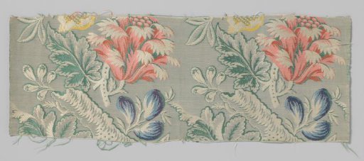 Fragment of silk with a pattern of tree trunks with "lightning" bark, three blue bladder-shaped fruits and cup-shaped flowers in pink, red, green and white and oak leaves