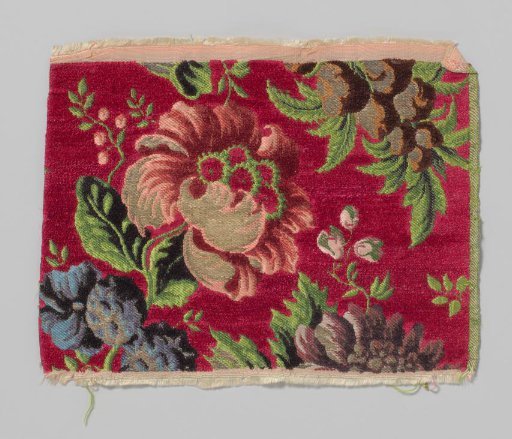 Fragment of silk weave with a cherry-colored ground of chenille, featuring a poppy in metallic thread