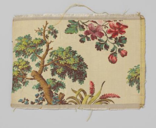 Fragment of a silk textile with a pattern of a multicoloured tree and rock on a yellow ground