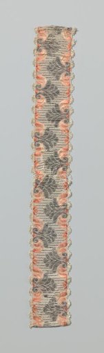 Ribbon, salmon, white and silver, ground of gros de Tours with cross-stripes of silver lamé