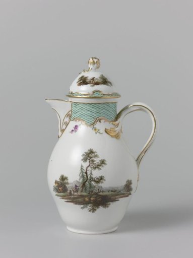 Coffee pot with lid, multicoloured painted with landscapes with figures