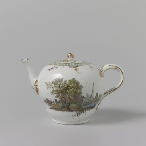 Teapot with lid, multicoloured painted with landscapes with figures