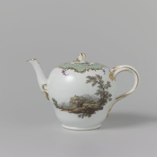 Teapot with lid, multicoloured painted with landscapes with figures