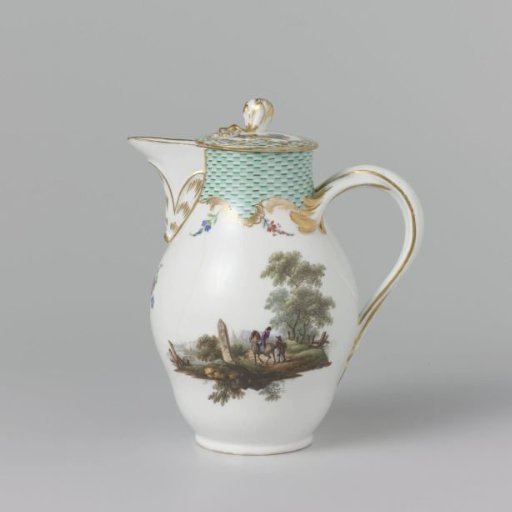 Milk jug with lid, multicoloured painted with landscapes with figures