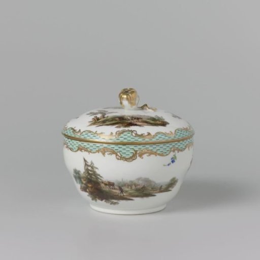 Sugar pot with lid, multicoloured painted with landscapes with figures