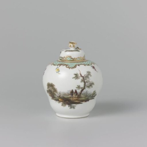 Tea caddy with lid, multicoloured painted with landscapes with figures