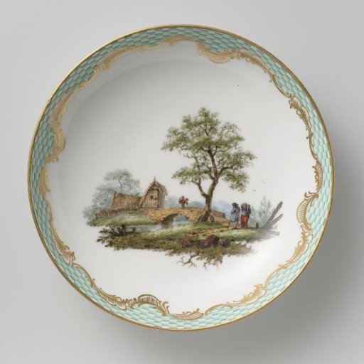 Plate, multicolored painted with a landscape with figures.