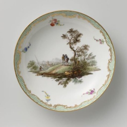 Saucer, multicolored painted with a landscape with figures