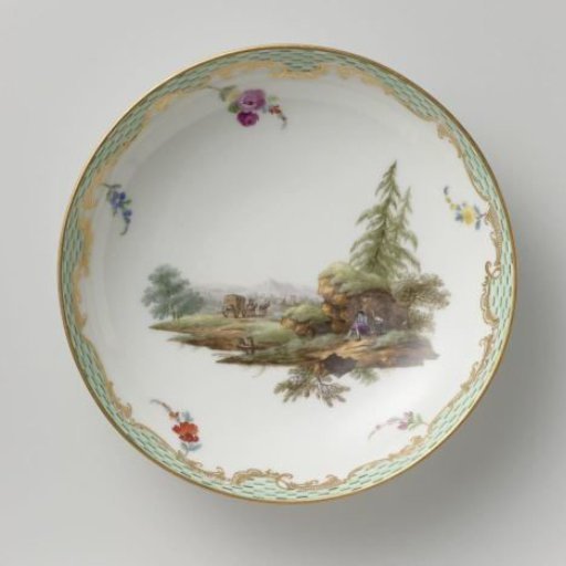 Saucer, multicolored painted with a landscape with figures