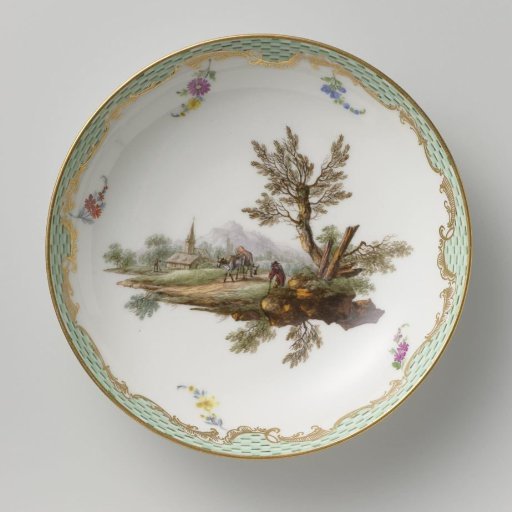 Saucer, multicolored painted with a landscape with figures