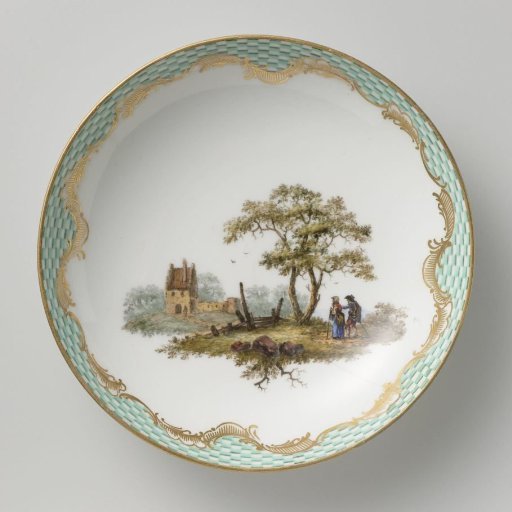 Saucer, multicolored painted with a landscape with figures
