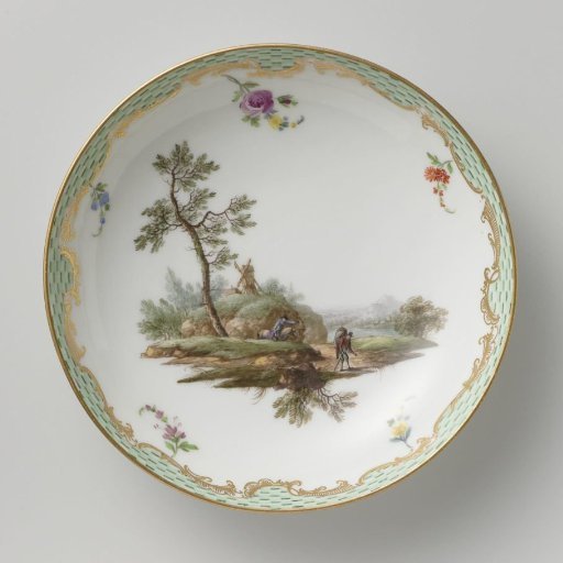 Saucer, multicolored painted with a landscape with figures