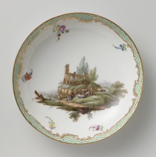 Saucer, multicolored painted with a landscape with figures