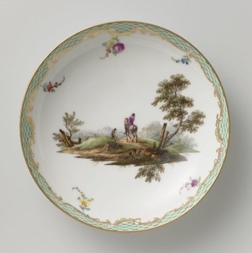 Saucer, multicolored painted with a landscape with figures