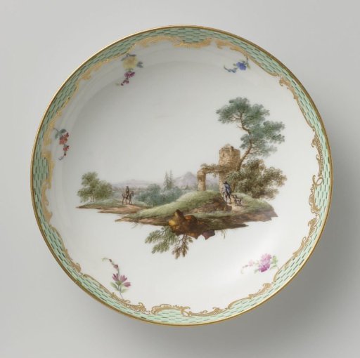 Saucer, multicolored painted with a landscape with figures