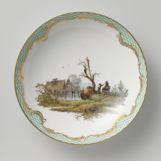 Plate, multicolored painted with a landscape with figures.