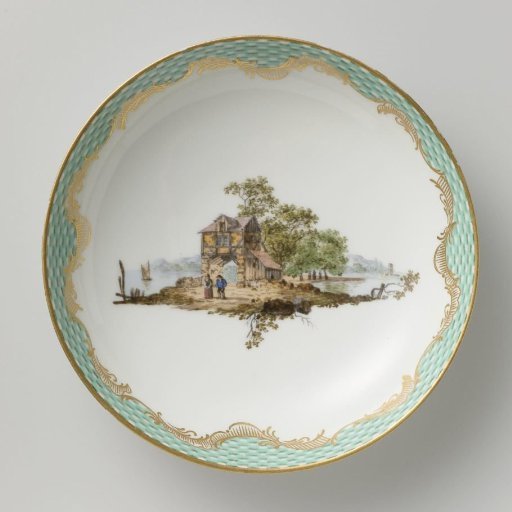 Saucer, multicolored painted with a landscape with figures