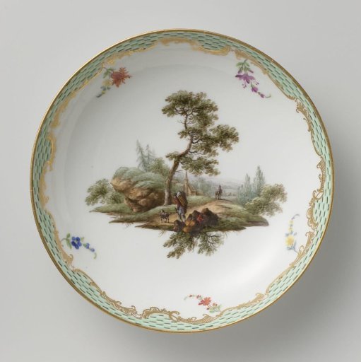 Dish, multicolored painted with a landscape with figures.