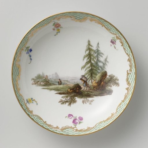 Dish, multicolored painted with a landscape with figures.