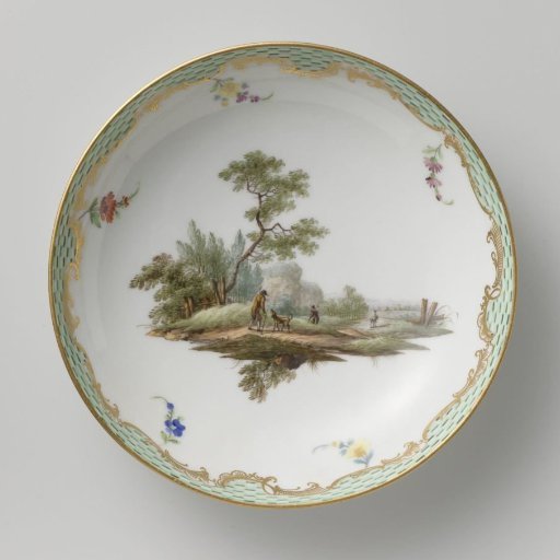 Plate, multicolored painted with a landscape with figures.