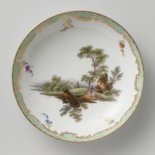 Dish, multicolored painted with a landscape with figures.