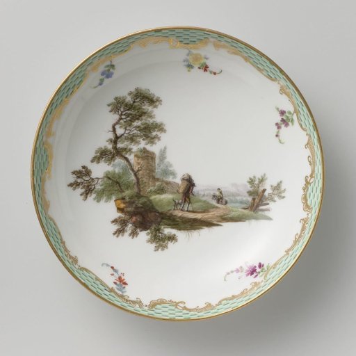 Saucer, multicolored painted with a landscape with figures
