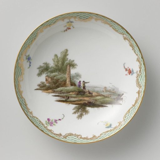 Saucer, multicolored painted with a landscape with figures