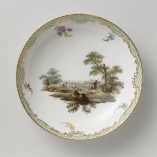 Dish, multicolored painted with a landscape with figures.