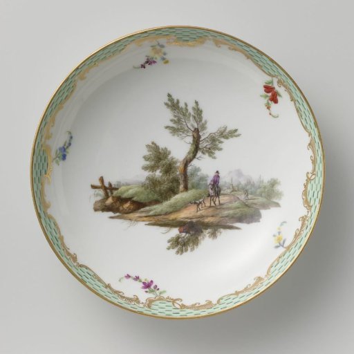 Dish, multicolored painted with a landscape with figures.