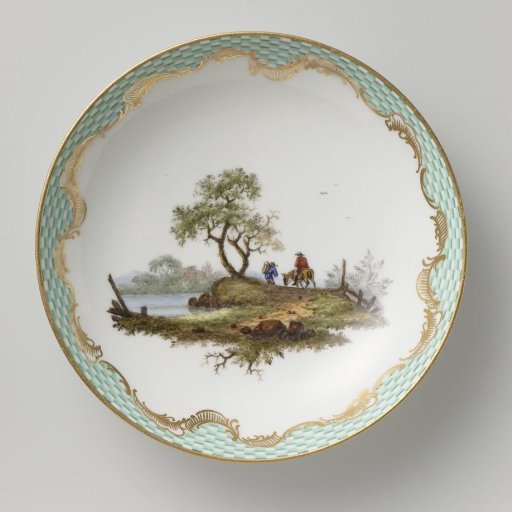 Saucer, multicolored painted with a landscape with figures