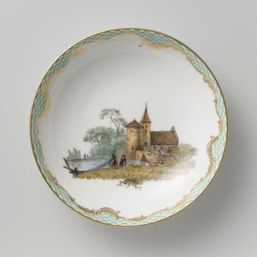 Dish, multicolored painted with a landscape with figures.