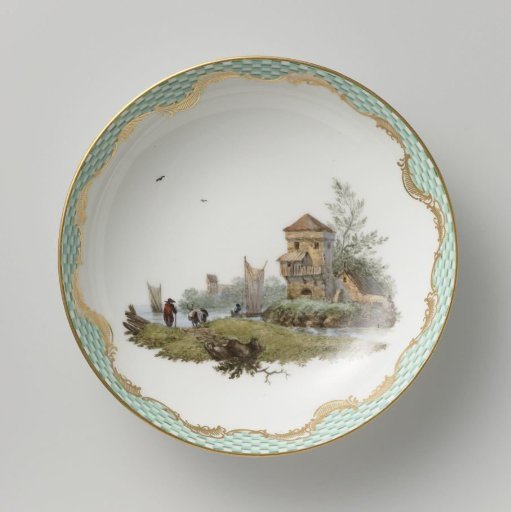 Dish, multicolored painted with a landscape with figures.