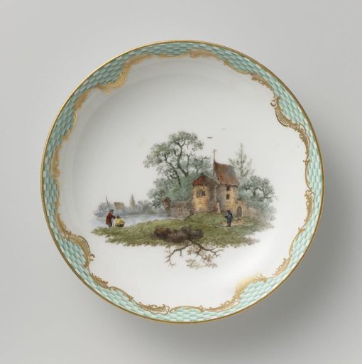 Plate, multicolored painted with a landscape with figures