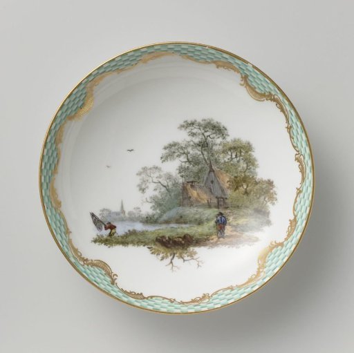 Plate, multicolored painted with a landscape with figures