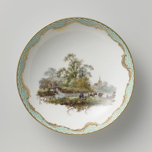 Plate, multicolored painted with a landscape with figures