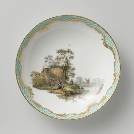 Plate, painted in many colors with a landscape with figures.