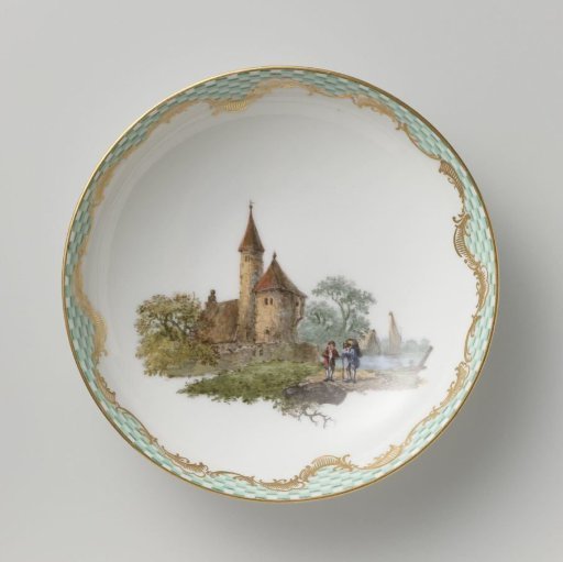 Plate, painted in many colors with a landscape with figures.