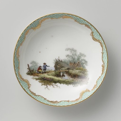 Dish, multicolored painted with a landscape with figures.