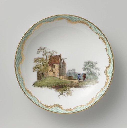 Dish, multicolored painted with a landscape with figures.